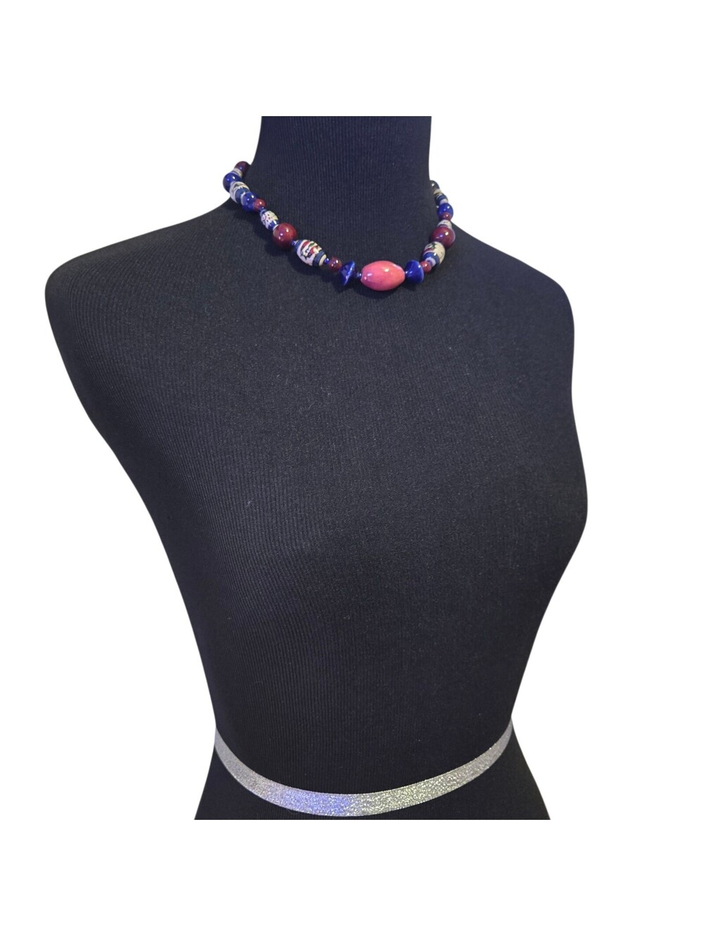 Artisan Ceramic Bead Necklace Hand Painted Folk Art Style Boho Statement, EUC